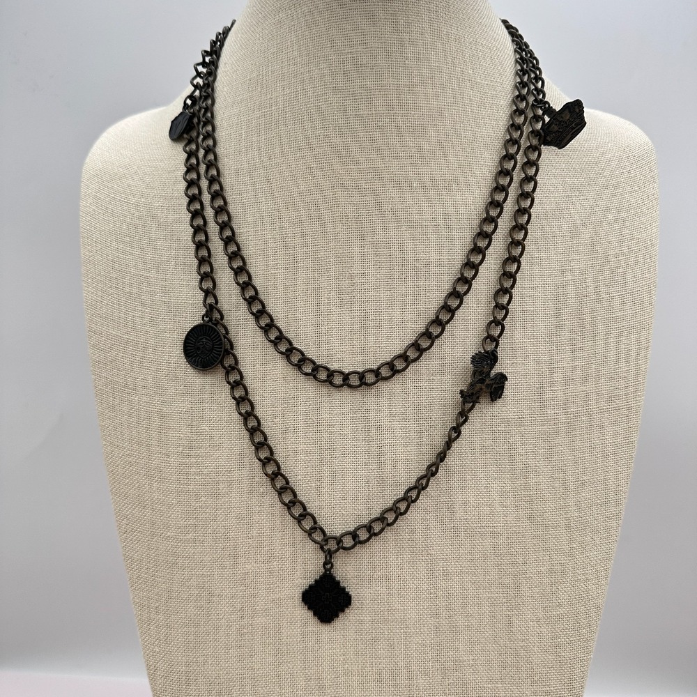 Vintage 90s Black Double Strand Sun Eagle Crown Charm Necklace Jewelry